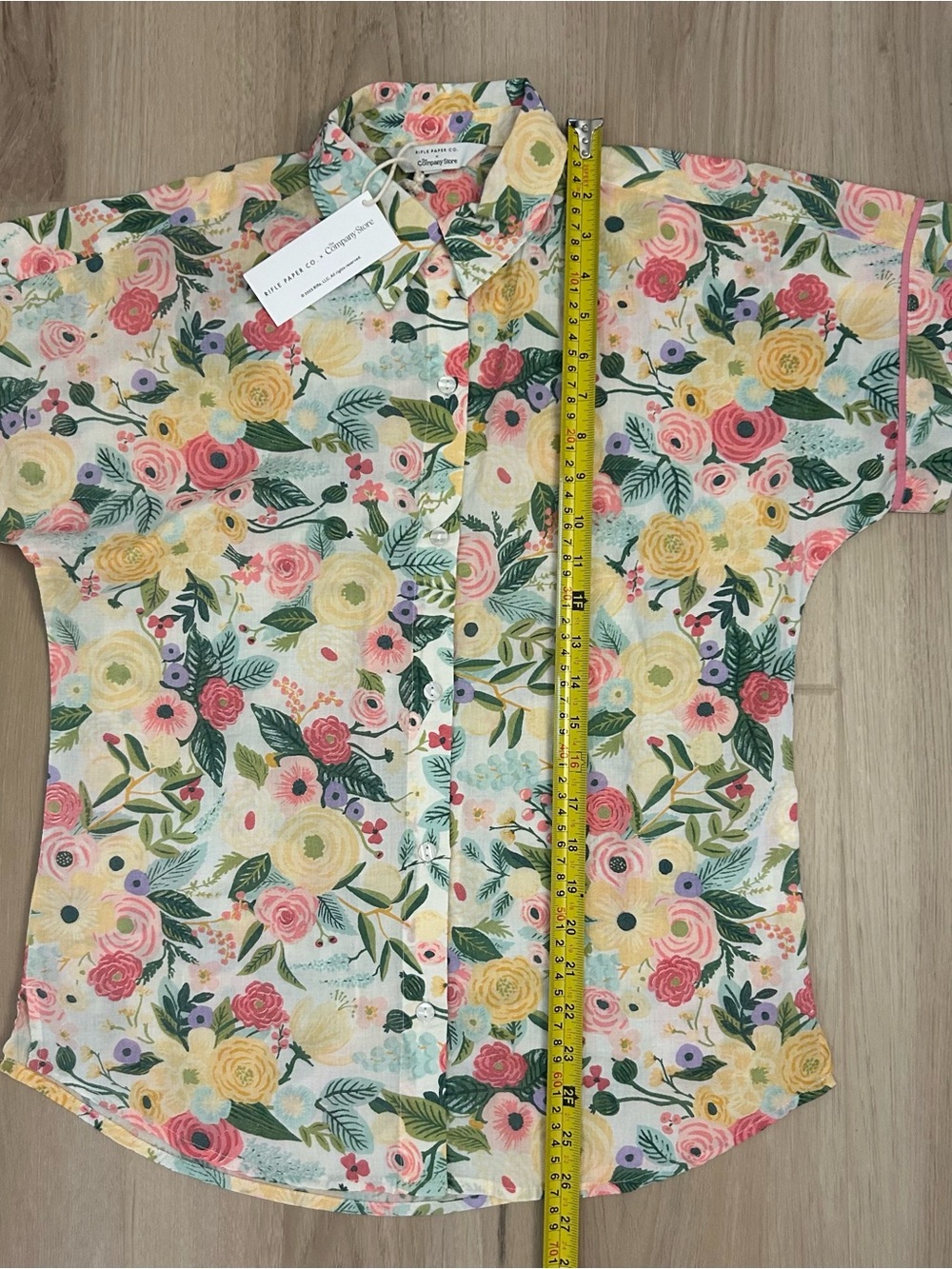 NWT Rifle Paper Co. Floral Short-Sleeve Button-Up — Pink, Yellow & Green - Picture 5 of 6